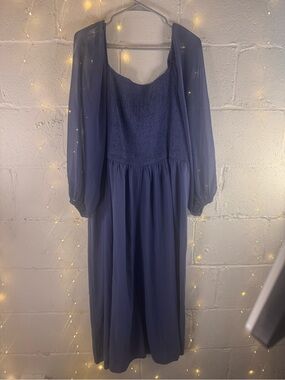 SHESTAARR Women’s Blue Chiffon Square Neck Balloon Sleeve Midi Dress 3XL